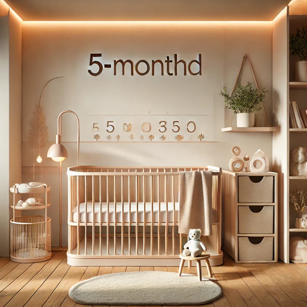 A minimalist nursery with a cozy crib, soft lighting, and a well-organized space designed for a 5-month-old baby, ideal for following a structured schedule.