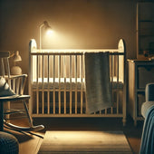 Minimalist nursery softly lit by a nightlight, creating a peaceful atmosphere with a simple crib as the focal point.